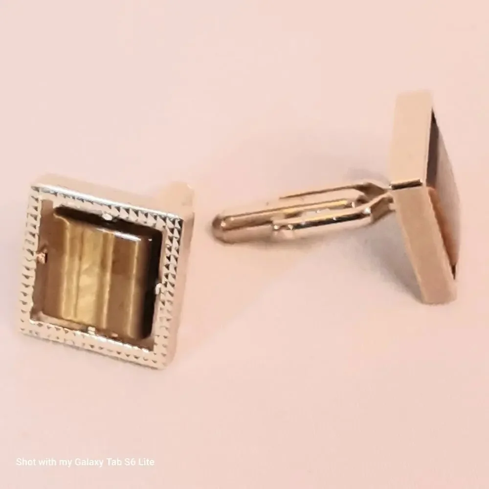 💎Tigers Eye Cuff Links Square Stones In Gold Tone Textured Border